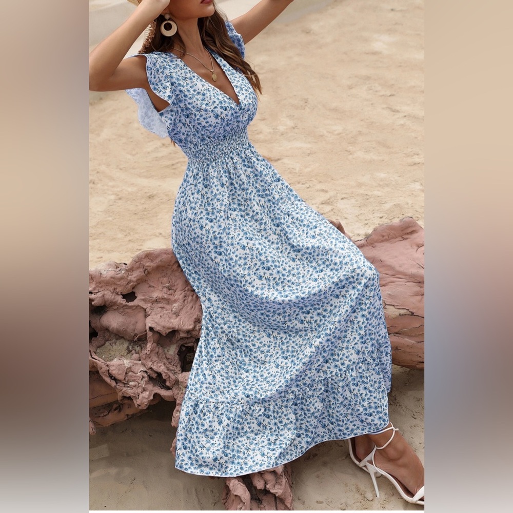 NEW Boho Women Spring Summer Blue Rose Floral Print Ruffle Hem Long V-neck Dress